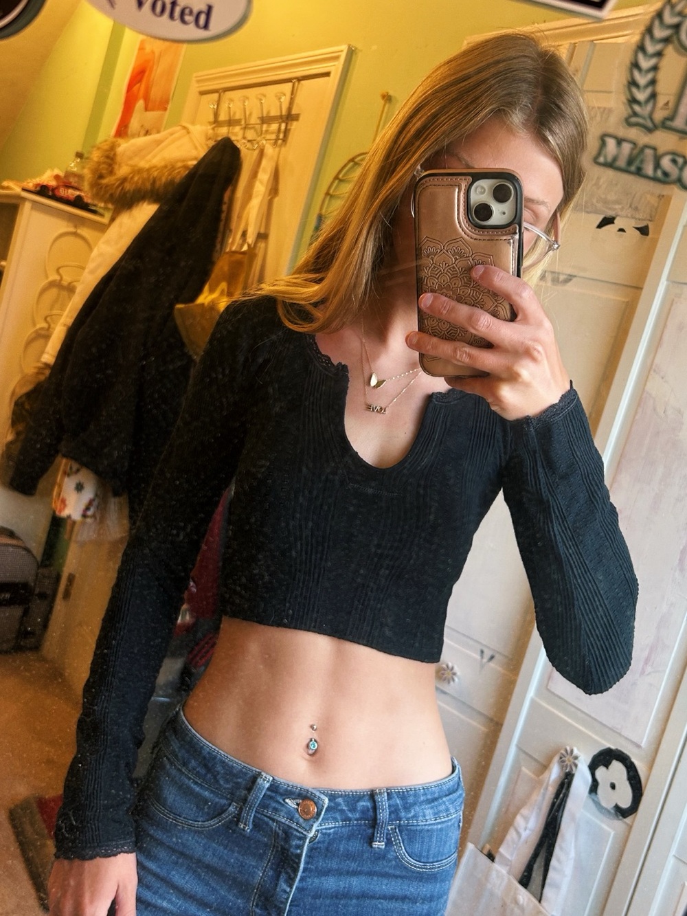 Urban Outfitters Lacey Black Long Sleeve Top
